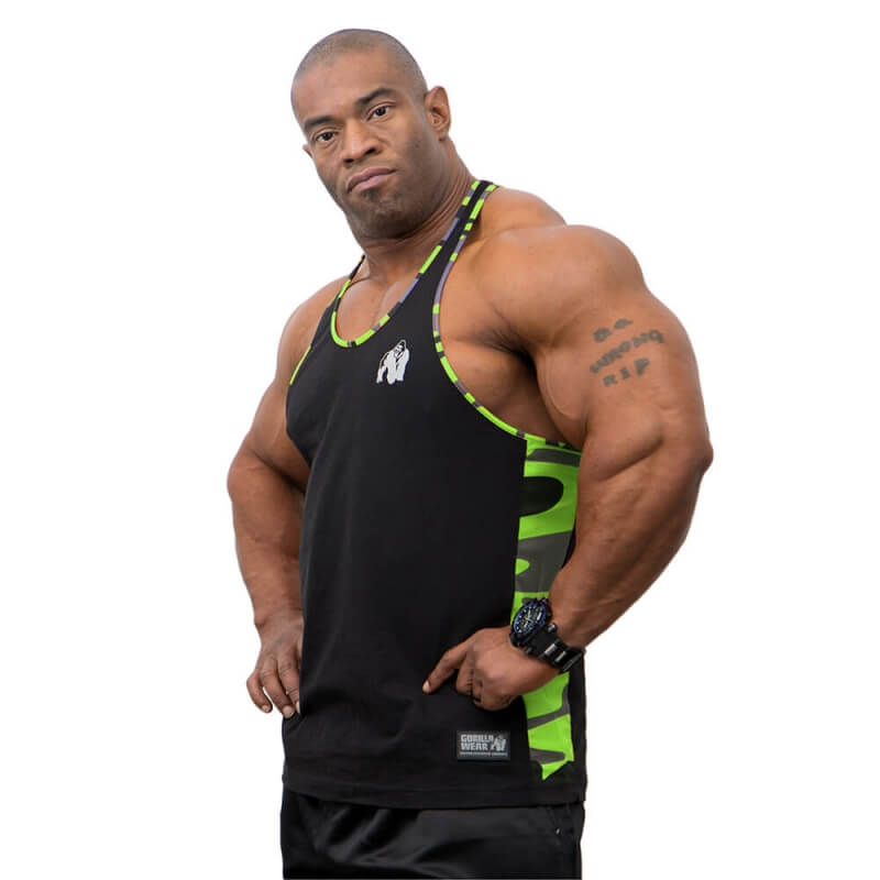 Kolla in Sacramento Camo Mesh Tank Top, black/neon lime, Gorilla Wear hos SportG