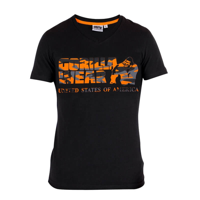Kolla in Sacramento V-Neck T-Shirt, black/orange, Gorilla Wear hos SportGymButik
