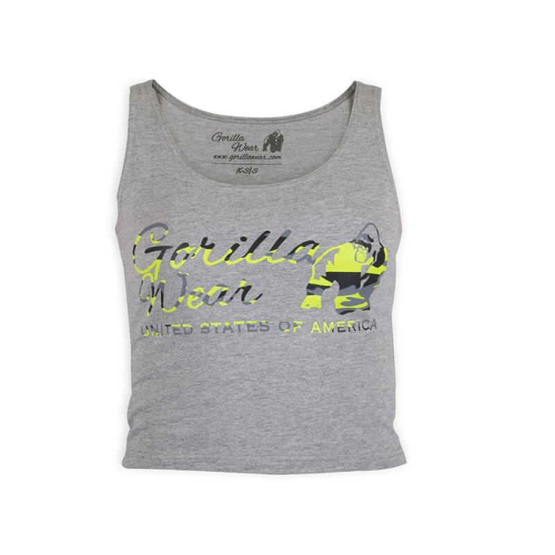 Kolla in Oakland Crop Tank, grey/neon lime camo, Gorilla Wear hos SportGymButike