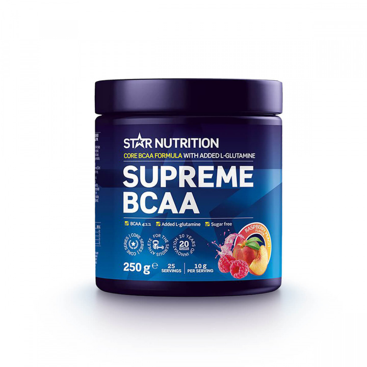 Supreme BCAA, 250 g, Rasberry Peach i gruppen Kosttillskott / Aminosyror hos Sportgymbutiken.se (FM-SN6692RP)