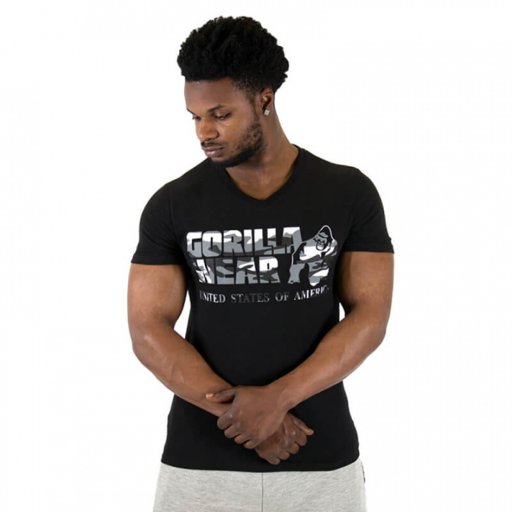 Kolla in Sacramento V-Neck T-Shirt, black/white, Gorilla Wear hos SportGymButike