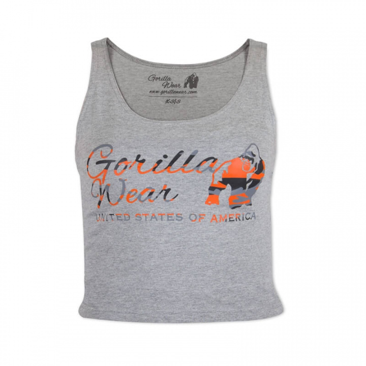 Kolla in Oakland Crop Tank, grey/neon orange camo, Gorilla Wear hos SportGymButi