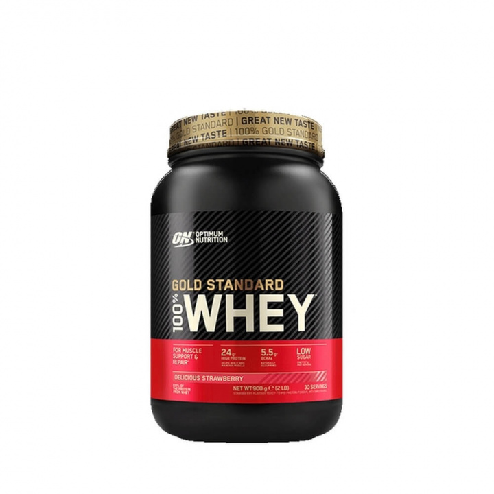 Kolla in 100% Whey Gold Standard, 908 g, delicious strawberry hos SportGymButike